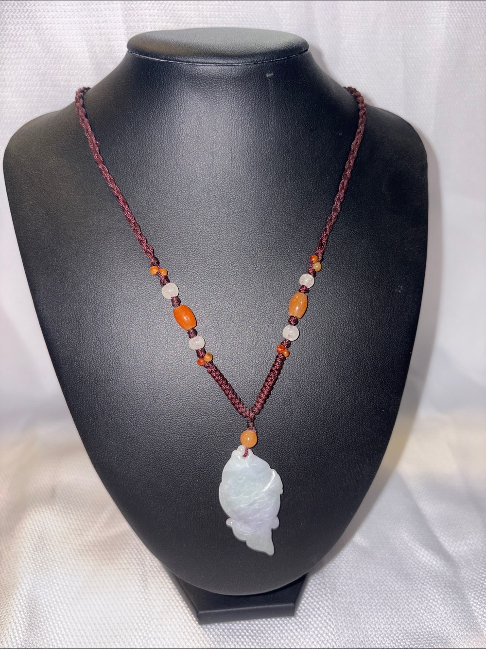 Handcrafted Brown Macrame Necklace with Jade Koi Pendant